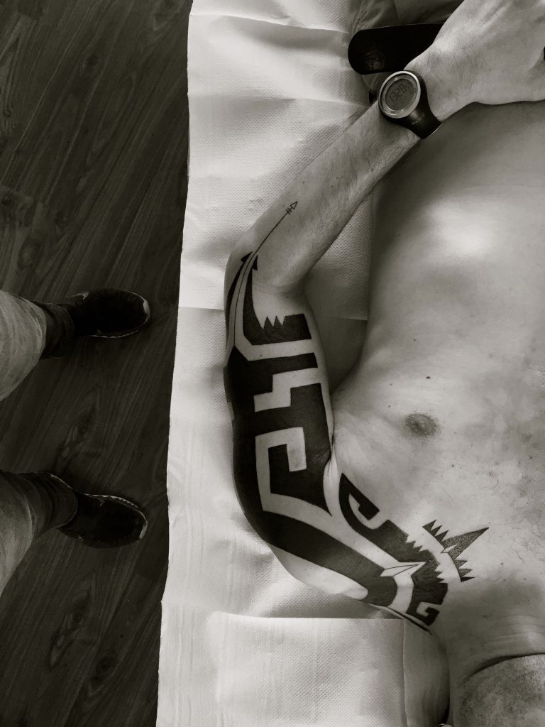 Hanumantra blackwork tattoo abstract aztec mayan inspired coverup 03