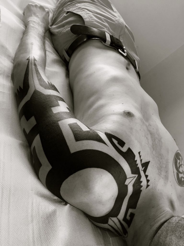 Hanumantra blackwork tattoo abstract aztec mayan inspired coverup 05