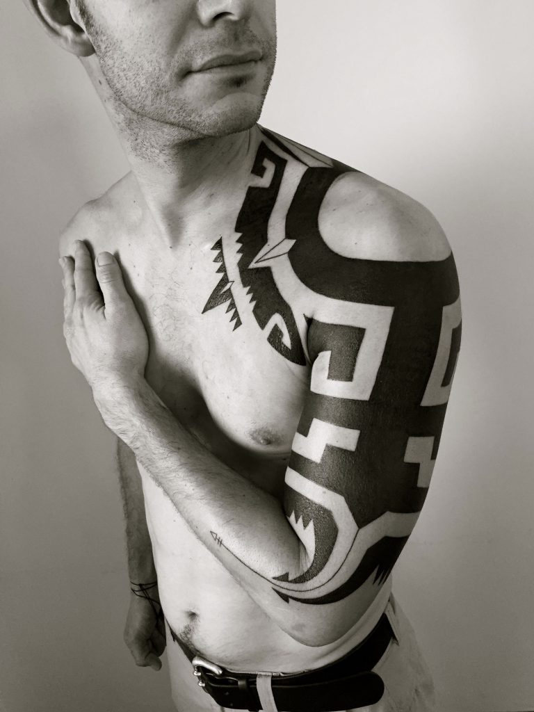 Hanumantra blackwork tattoo abstract aztec mayan inspired coverup 06