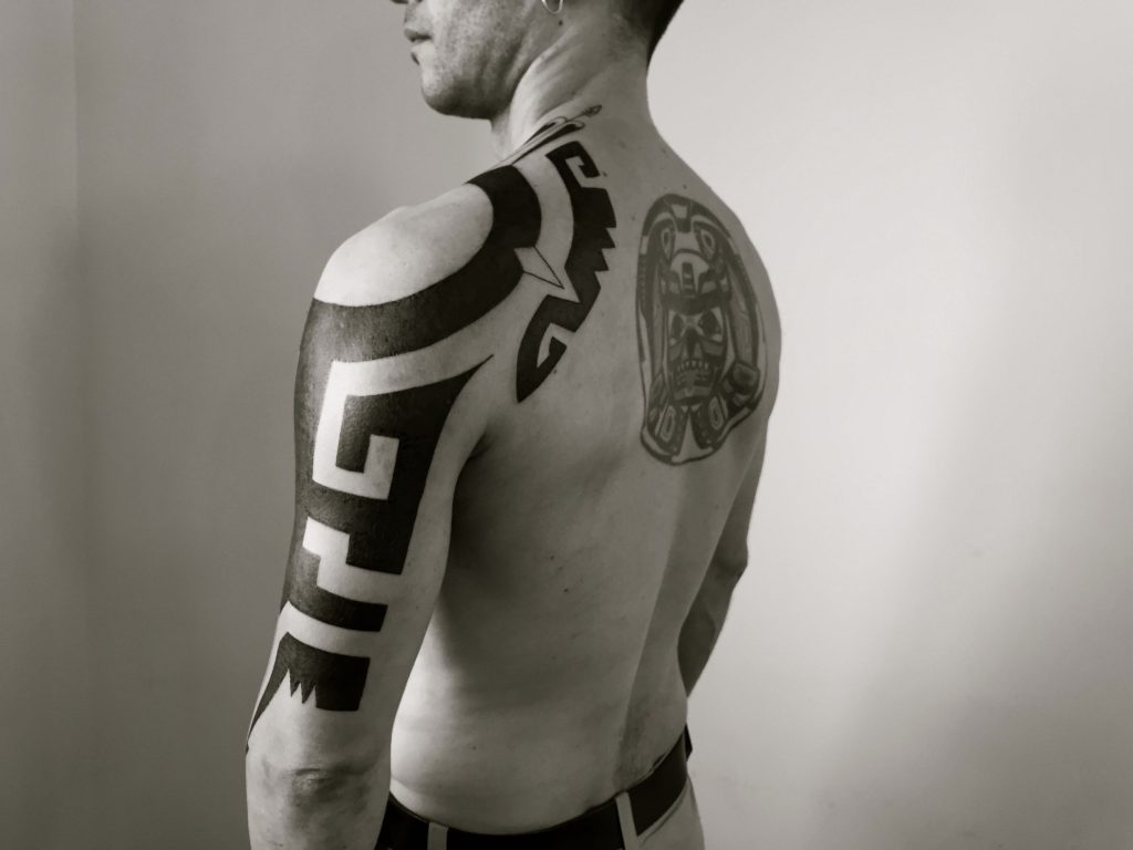 Hanumantra blackwork tattoo abstract aztec mayan inspired coverup 08