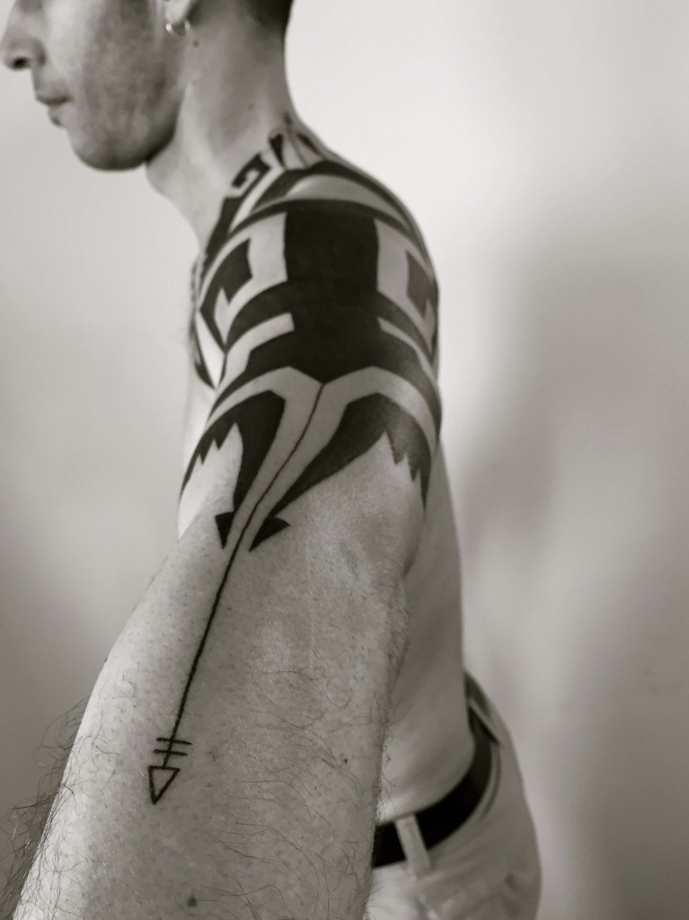 Hanumantra blackwork tattoo abstract aztec mayan inspired coverup 09