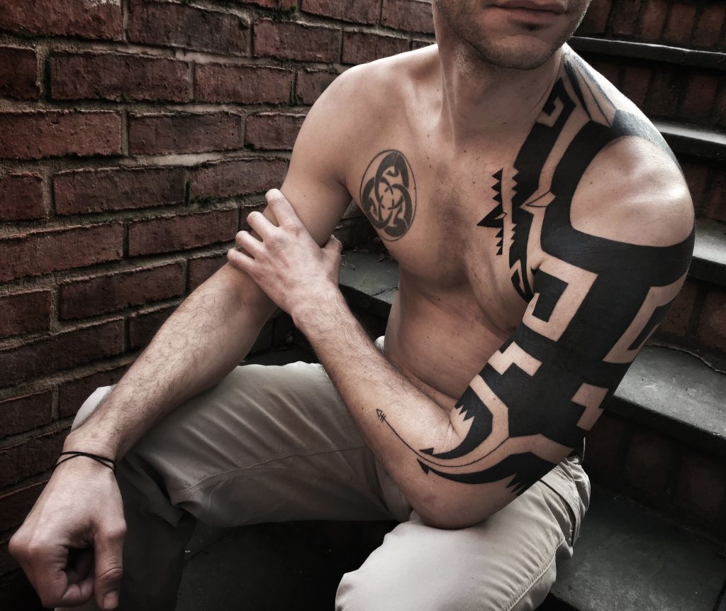 Hanumantra blackwork tattoo abstract aztec mayan inspired coverup 15